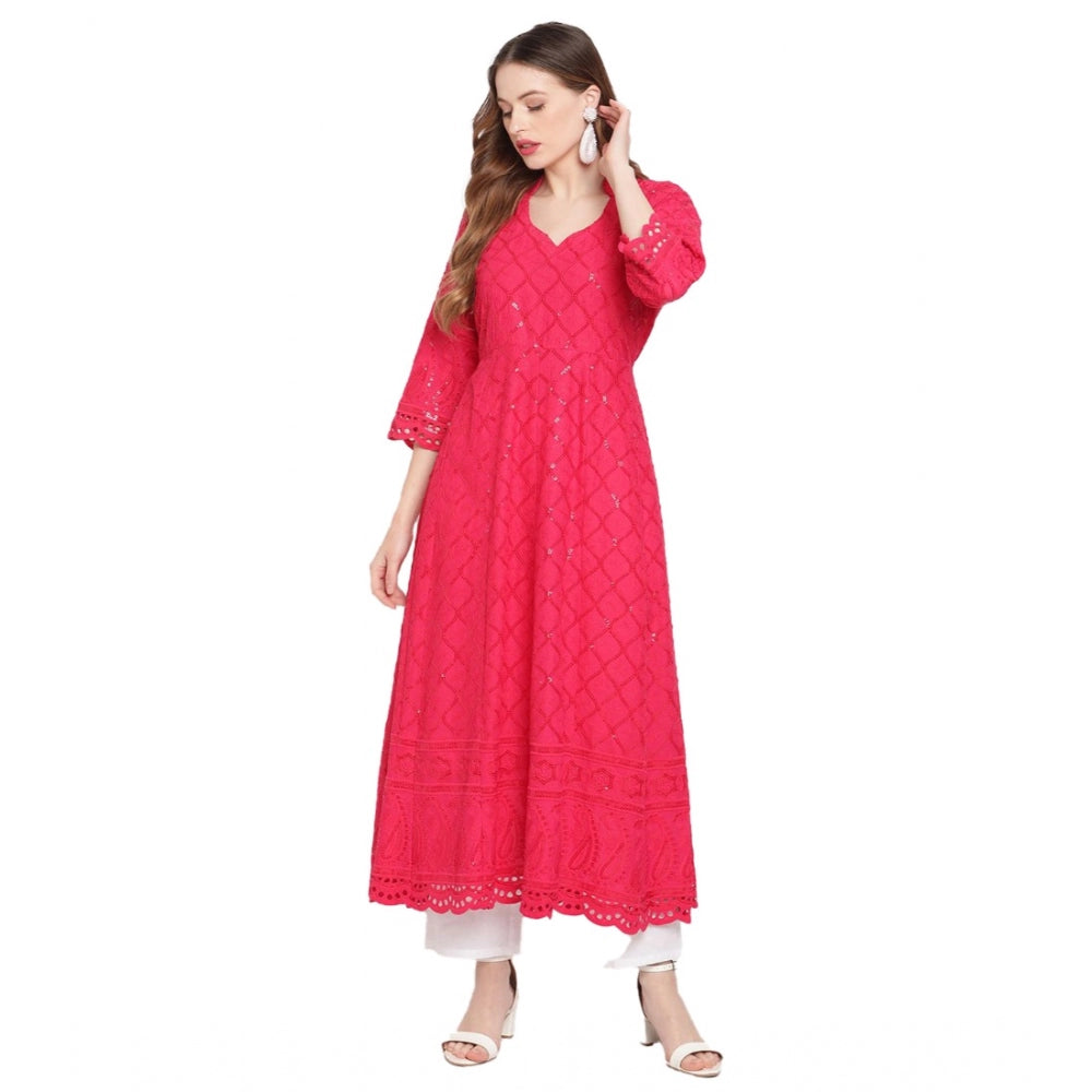 Women's Casual 3/4th Sleeve Embroidered Cotton Kurti (Magenta) - GillKart