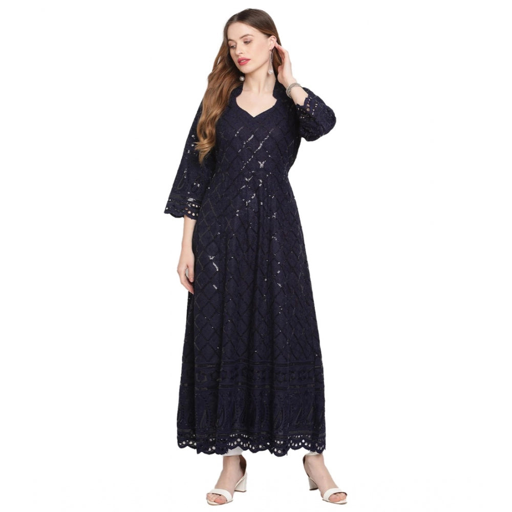 Women's Casual 3/4th Sleeve Embroidered Cotton Kurti (Navy Blue) - GillKart