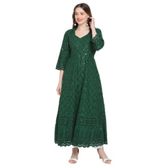 Women's Casual 3/4th Sleeve Embroidered Cotton Kurti (Dark Green) - GillKart