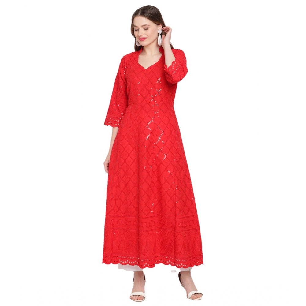 Women's Casual 3/4th Sleeve Embroidered Cotton Kurti (Red) - GillKart