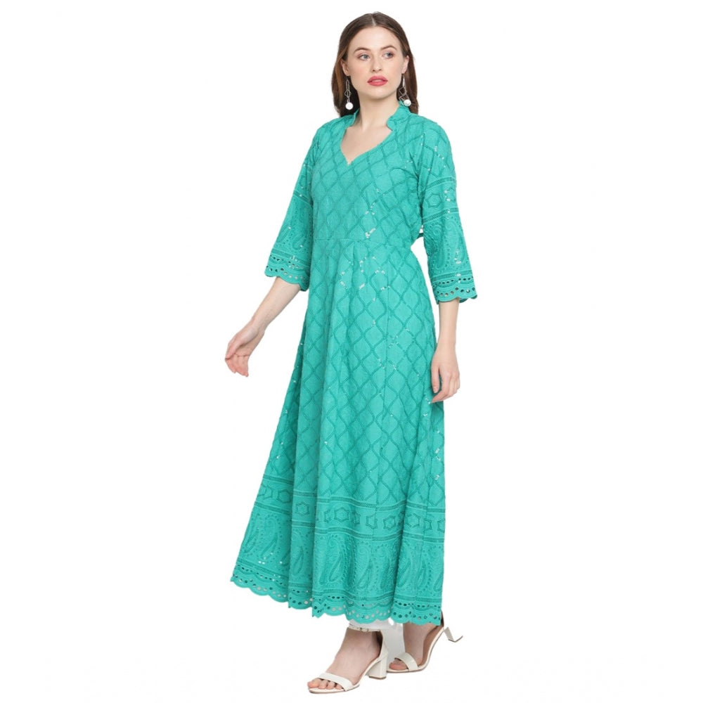 Women's Casual 3/4th Sleeve Embroidered Cotton Kurti (Blue) - GillKart