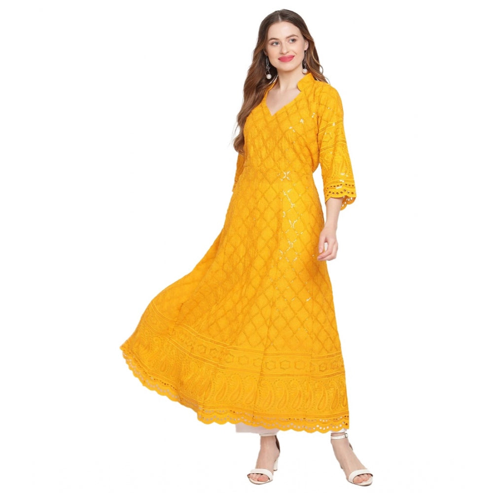 Women's Casual 3/4th Sleeve Embroidered Cotton Kurti (Mustard) - GillKart