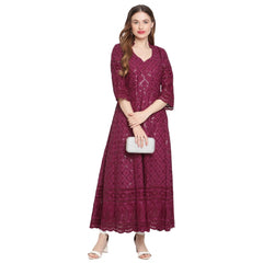 Women's Casual 3/4th Sleeve Embroidered Cotton Kurti (Purple) - GillKart