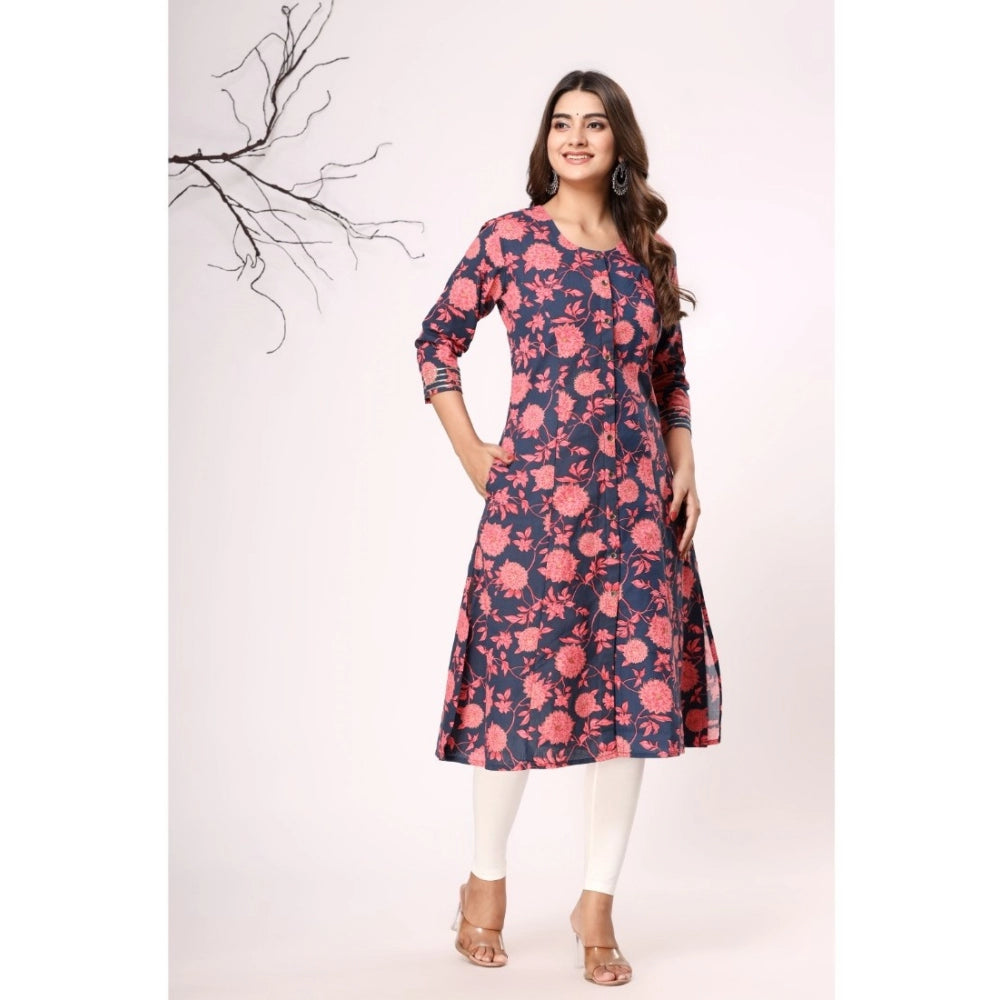 Women's Casual 3/4th Sleeve Floral Printed Cotton Flex Kurti (Navy Blue-Pink)