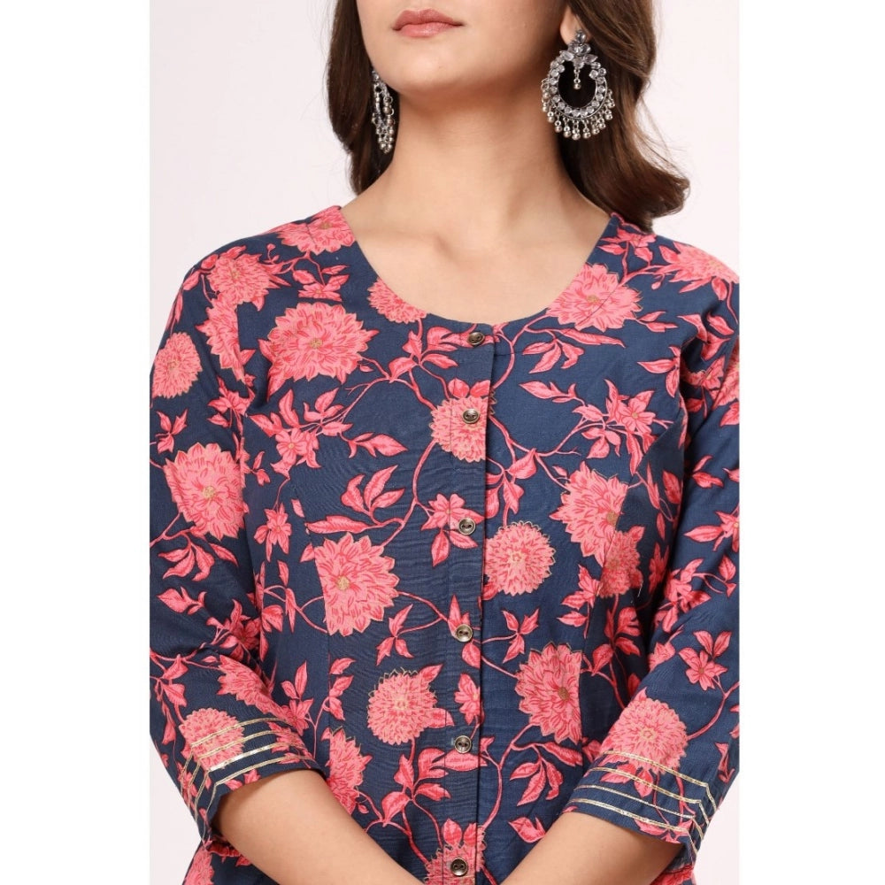 Women's Casual 3/4th Sleeve Floral Printed Cotton Flex Kurti (Navy Blue-Pink)