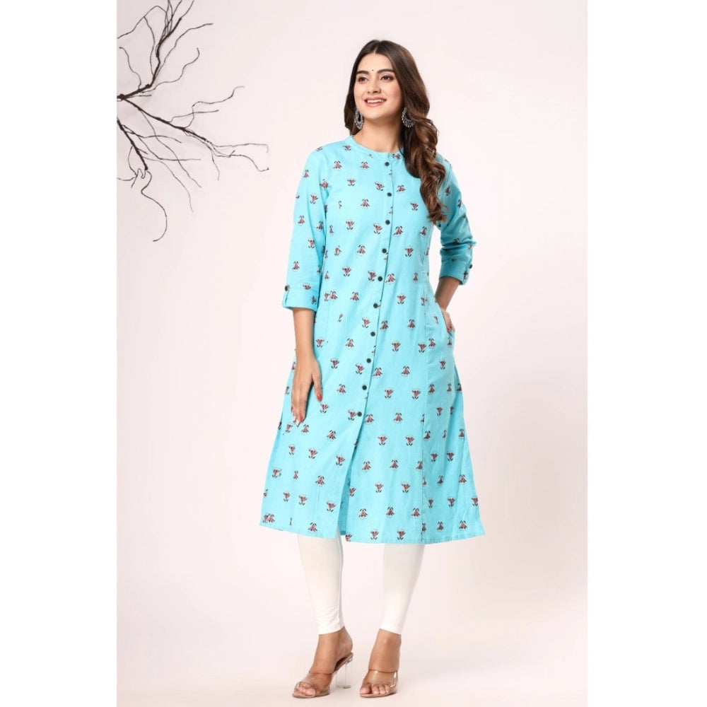 Women's Casual 3/4th Sleeve Floral Printed Cotton Flex Kurti (Blue)