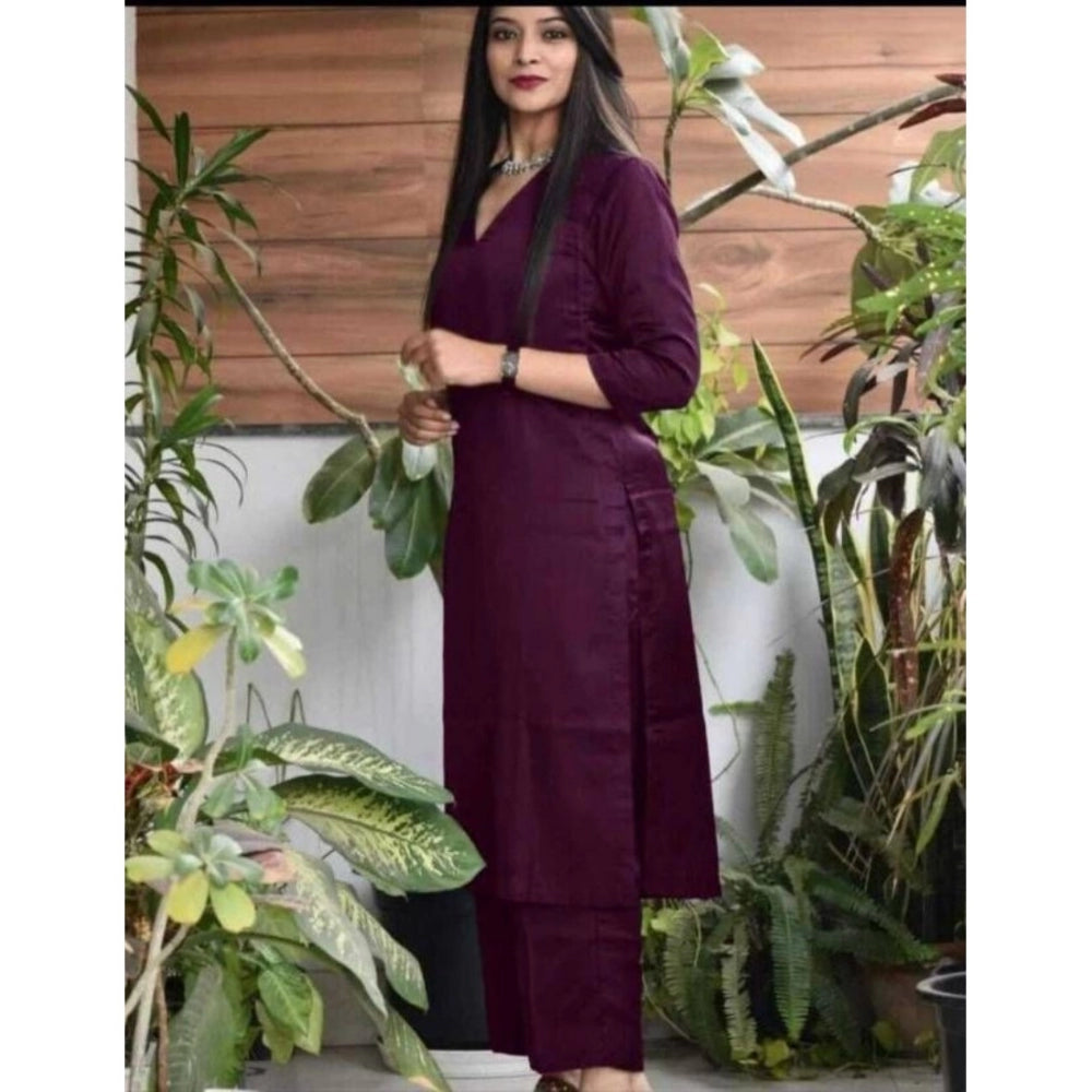 Women's Casual 3/4th Sleeve Solid Jam Cotton kurti With Pant Set (Purple)