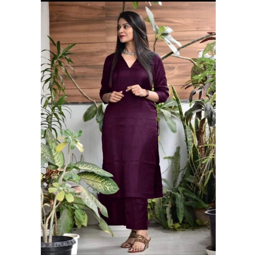 Women's Casual 3/4th Sleeve Solid Jam Cotton kurti With Pant Set (Purple)