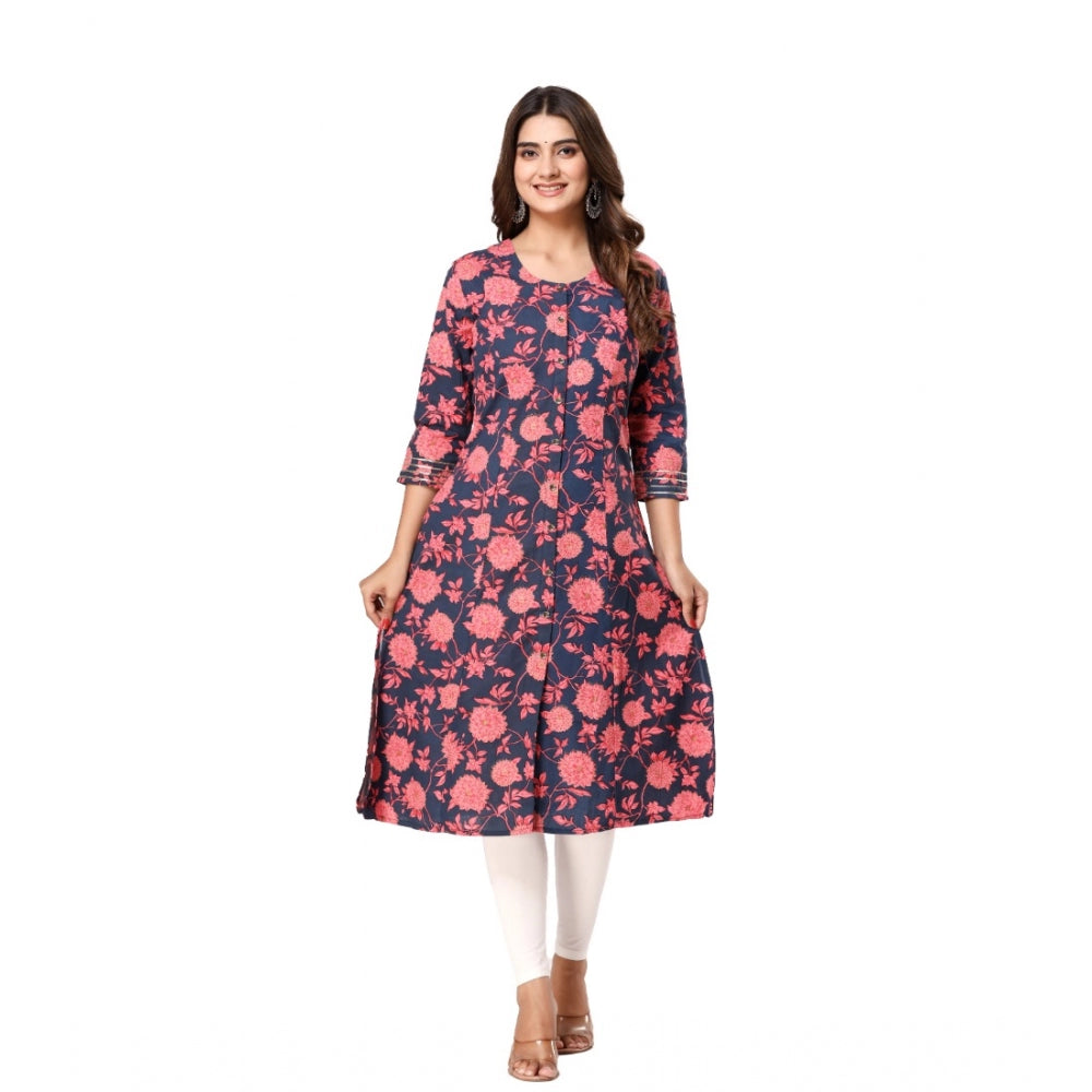 Women's Casual 3/4th Sleeve Floral Printed Cotton Flex Kurti (Navy Blue-Pink)