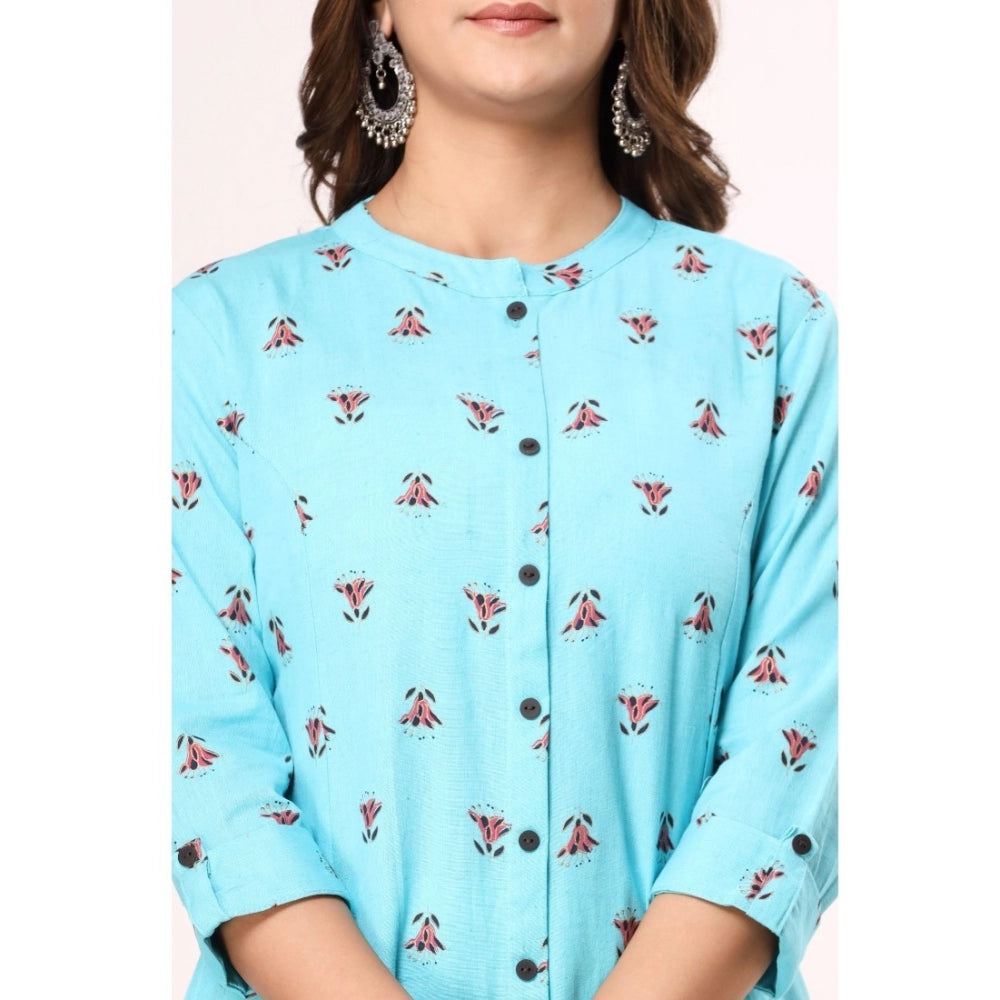 Women's Casual 3/4th Sleeve Floral Printed Cotton Flex Kurti (Blue)