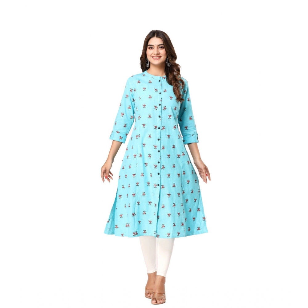 Women's Casual 3/4th Sleeve Floral Printed Cotton Flex Kurti (Blue)