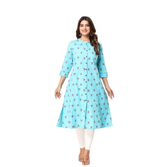 Women's Casual 3/4th Sleeve Floral Printed Cotton Flex Kurti (Blue)