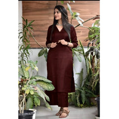 Women's Casual 3/4th Sleeve Solid Jam Cotton kurti With Pant Set (Maroon)