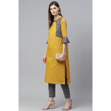 Women's Casual Bell Sleeves Geomatrical Printed Cotton Kurti Set (Yellow) - GillKart