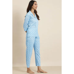 Women's Casual 3/4 th Sleeve Floral Printed Rayon Shirt With Pyjama Pant Night Suit Set (Blue) - GillKart