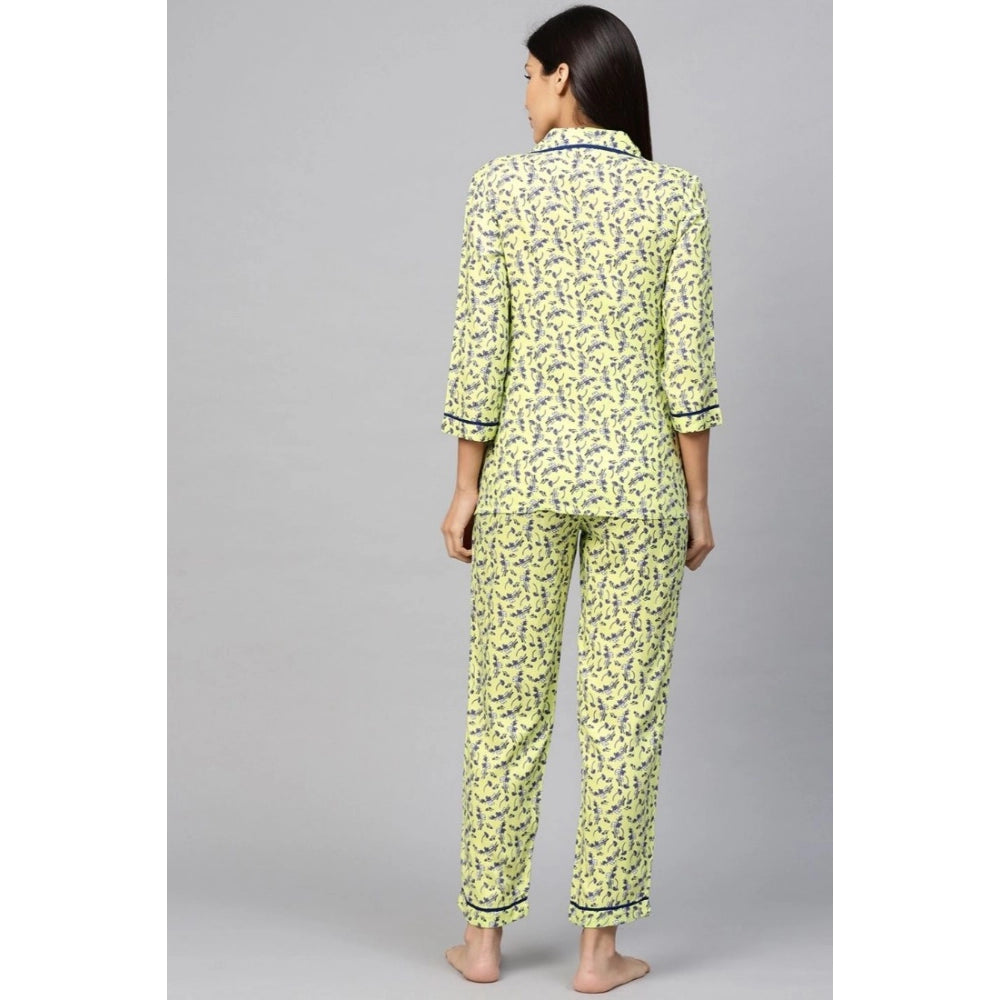 Women's Casual 3/4 Sleeve Floral Printed Rayon Shirt With Pyjama Pant Night Suit Set (Green) - GillKart