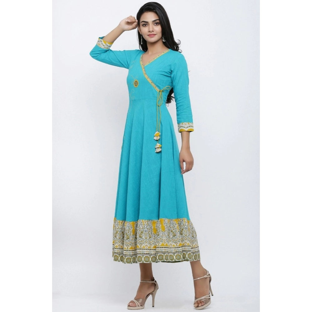 Women's Casual 3/4 th Sleeve Embroidery Cotton Blend Kurti (Torque Green) - GillKart