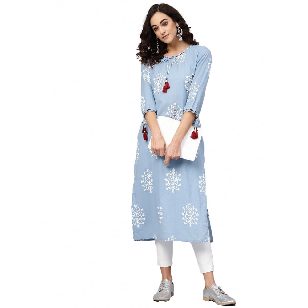 Women's Casual 3/4 th Sleeve Embroidery Cambric Cotton Kurti (Blue) - GillKart