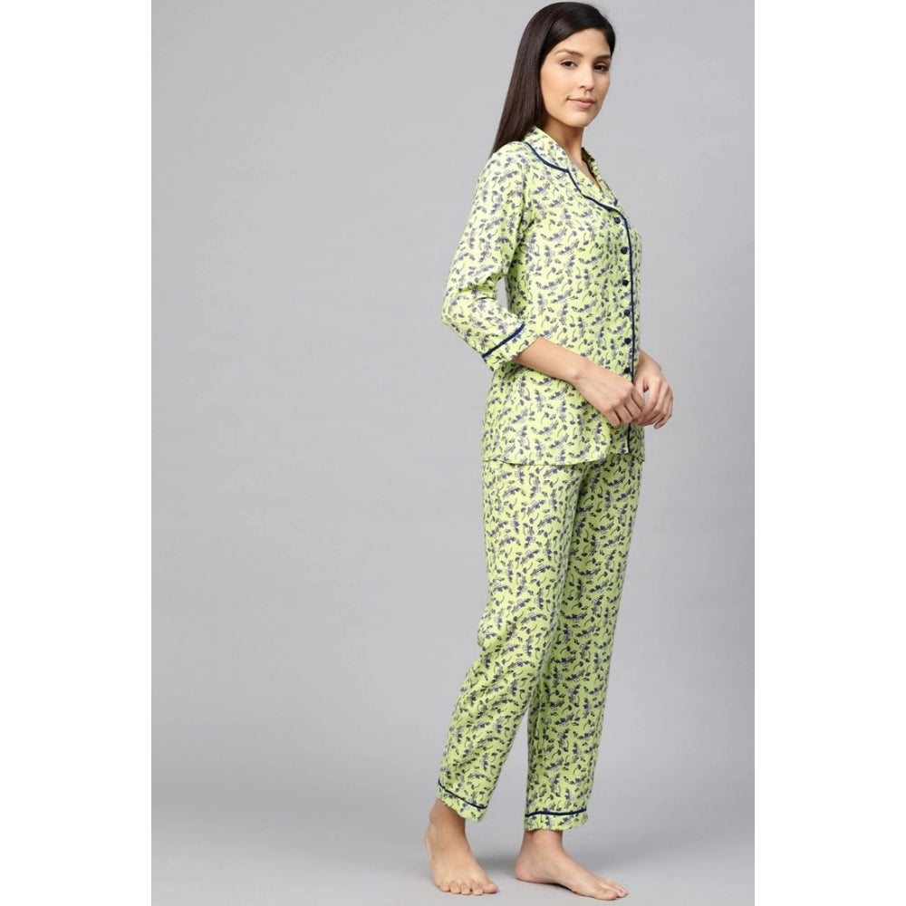 Women's Casual 3/4 Sleeve Floral Printed Rayon Shirt With Pyjama Pant Night Suit Set (Green) - GillKart