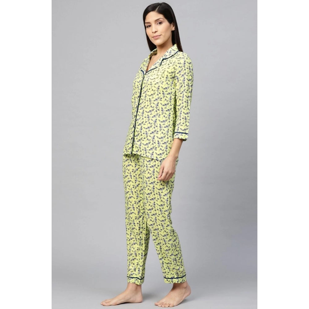 Women's Casual 3/4 Sleeve Floral Printed Rayon Shirt With Pyjama Pant Night Suit Set (Green) - GillKart