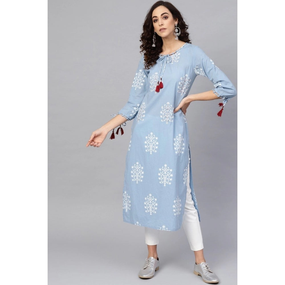 Women's Casual 3/4 th Sleeve Embroidery Cambric Cotton Kurti (Blue) - GillKart