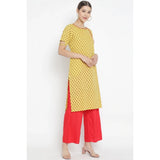 Women's Casual Short Sleeves Floral Printed Cotton &amp; Rayon Kurti Palazzo Set (Yellow &amp; Red) - GillKart