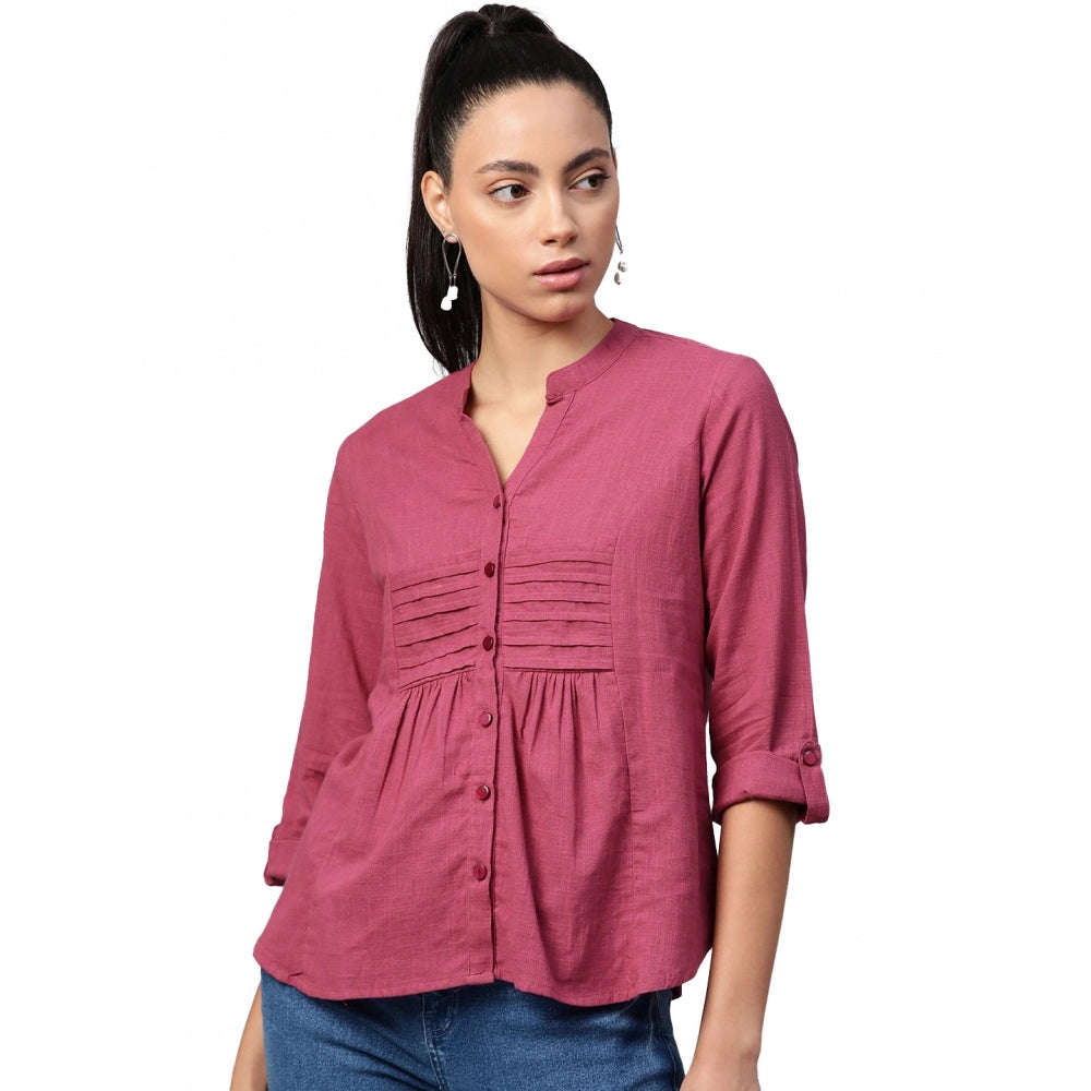 Women's Casual Roll up sleeve Solid Cotton Slub Shirts (Pink) - GillKart