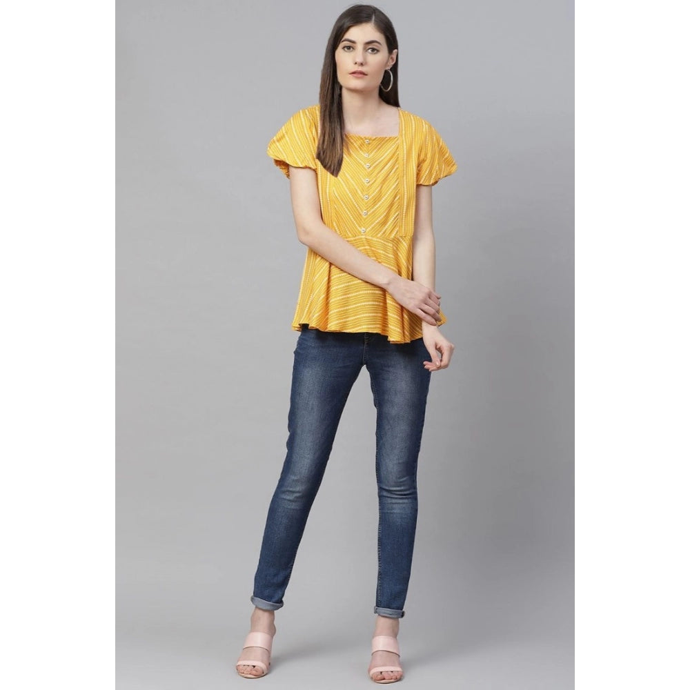 Women's Casual Short Sleeves Stripe Printed Rayon Top (Mustard) - GillKart