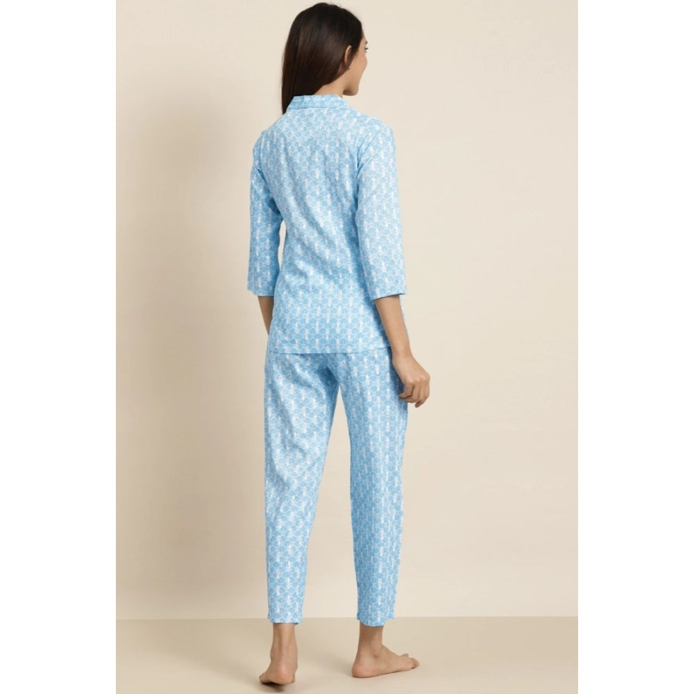 Women's Casual 3/4 th Sleeve Floral Printed Rayon Shirt With Pyjama Pant Night Suit Set (Blue) - GillKart