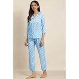 Women's Casual 3/4 th Sleeve Floral Printed Rayon Shirt With Pyjama Pant Night Suit Set (Blue) - GillKart