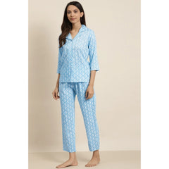 Women's Casual 3/4 th Sleeve Floral Printed Rayon Shirt With Pyjama Pant Night Suit Set (Blue) - GillKart