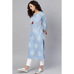 Women's Casual 3/4 th Sleeve Embroidery Cambric Cotton Kurti (Blue) - GillKart