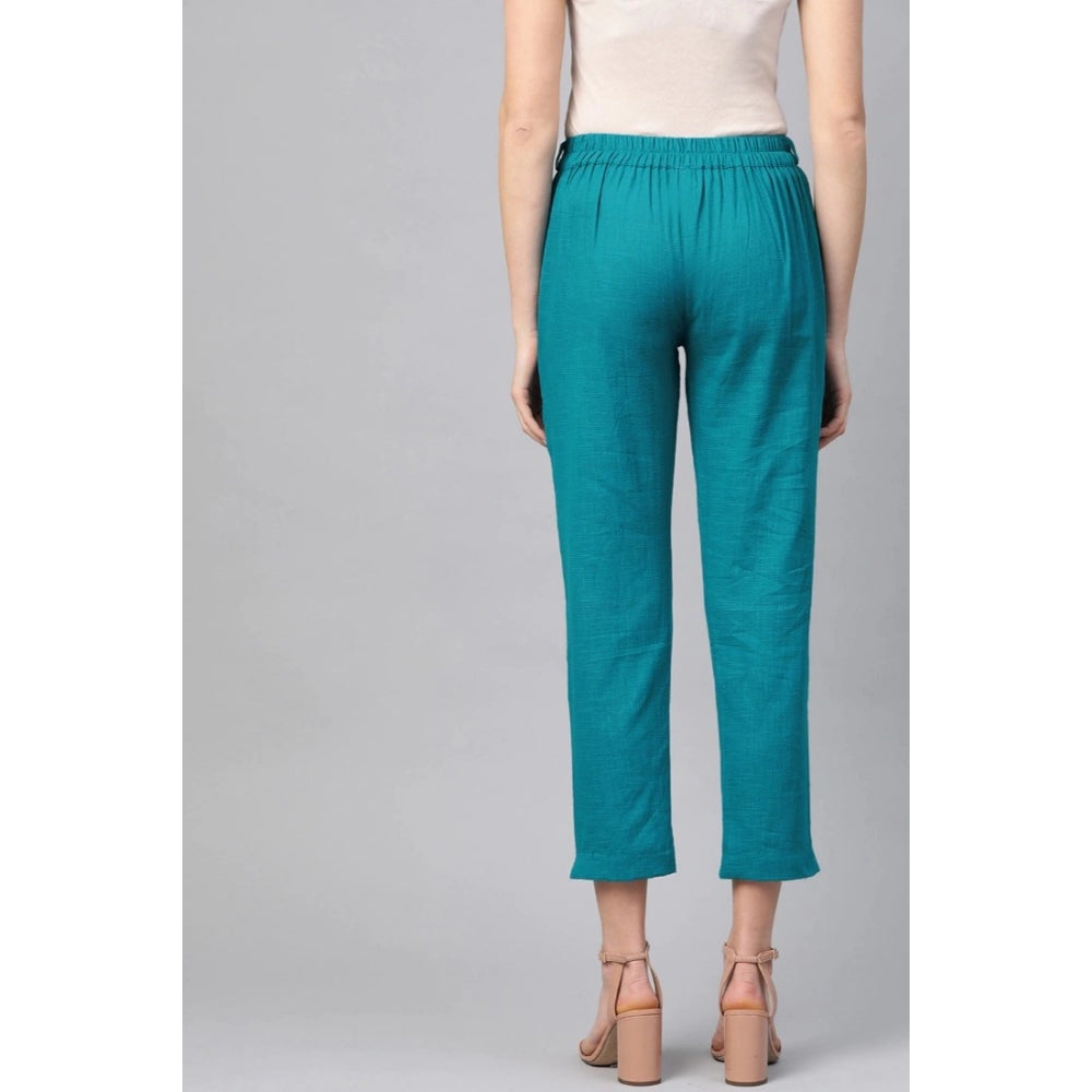 Women's Casual Solid Cotton Slub Trouser Pant (Rama Blue) - GillKart