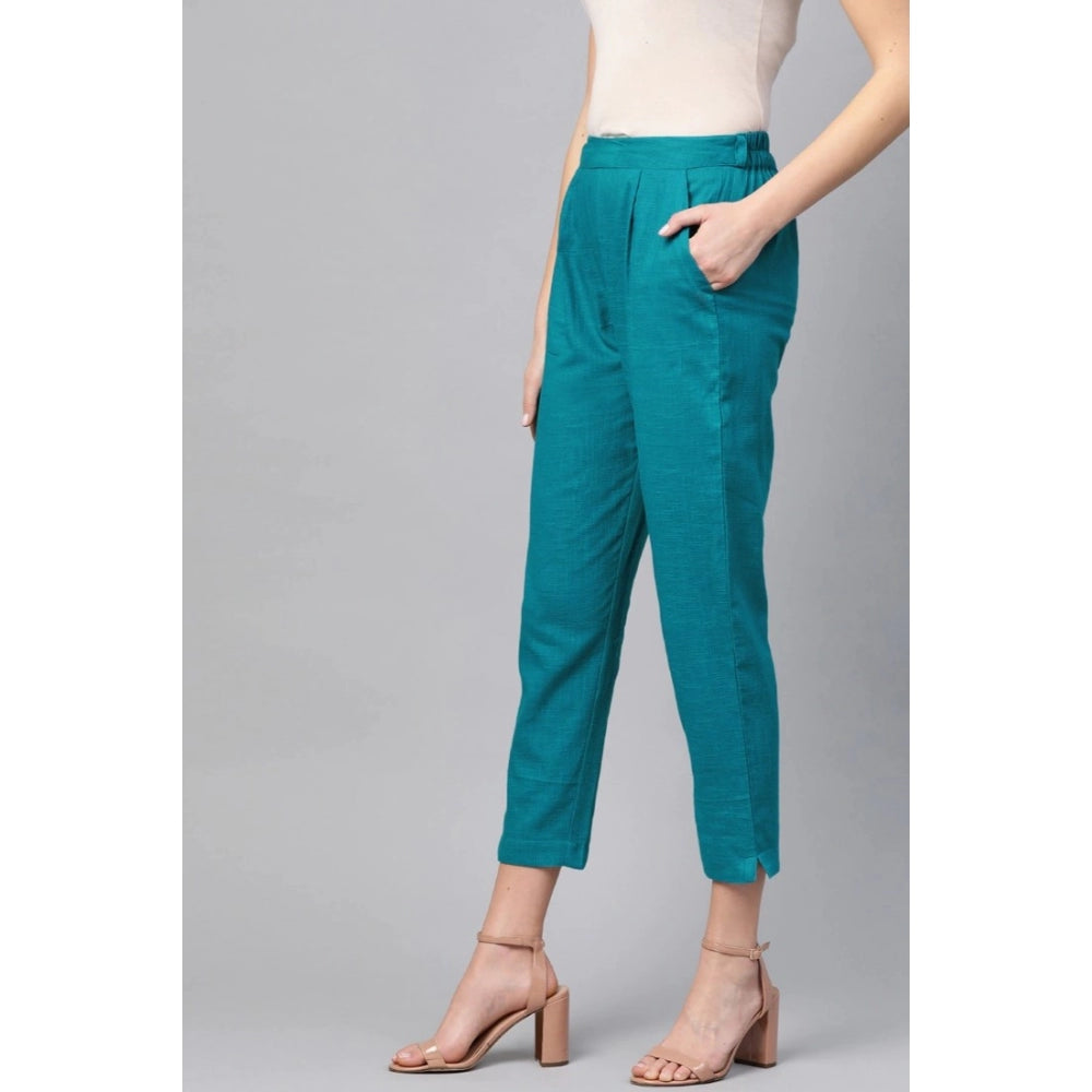 Women's Casual Solid Cotton Slub Trouser Pant (Rama Blue) - GillKart