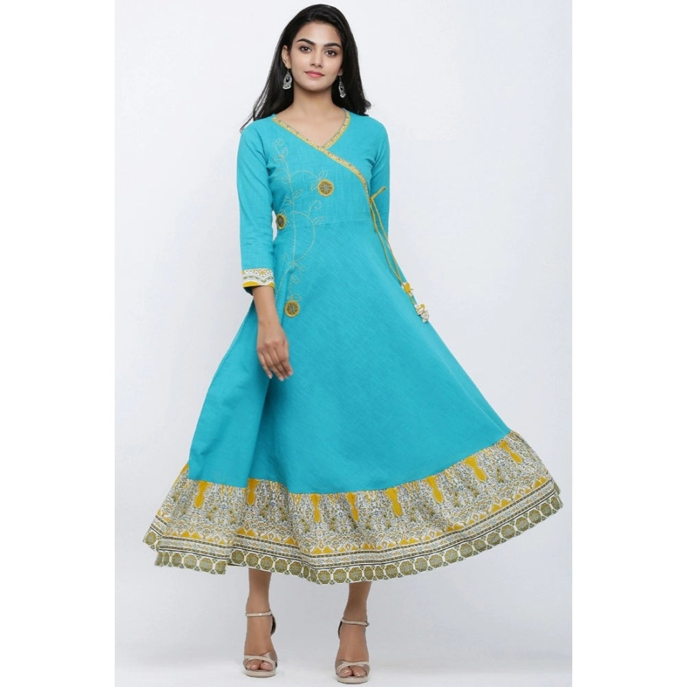 Women's Casual 3/4 th Sleeve Embroidery Cotton Blend Kurti (Torque Green) - GillKart