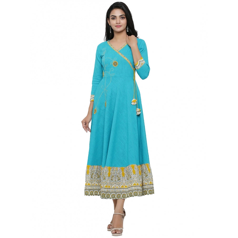 Women's Casual 3/4 th Sleeve Embroidery Cotton Blend Kurti (Torque Green) - GillKart