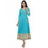 Women's Casual 3/4 th Sleeve Embroidery Cotton Blend Kurti (Torque Green) - GillKart