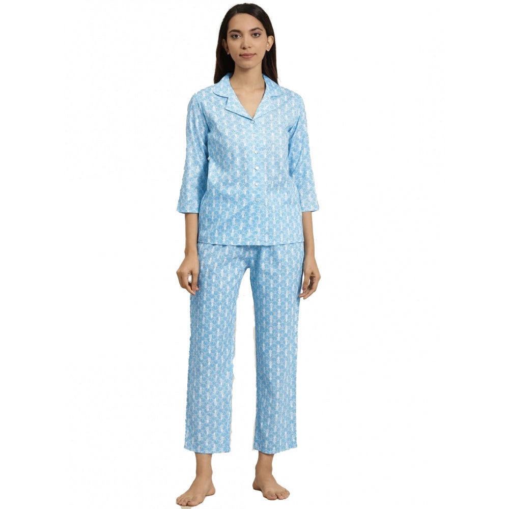 Women's Casual 3/4 th Sleeve Floral Printed Rayon Shirt With Pyjama Pant Night Suit Set (Blue) - GillKart