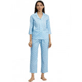 Women's Casual 3/4 th Sleeve Floral Printed Rayon Shirt With Pyjama Pant Night Suit Set (Blue) - GillKart