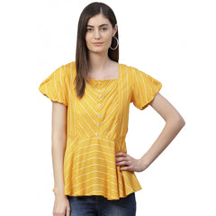 Women's Casual Short Sleeves Stripe Printed Rayon Top (Mustard) - GillKart