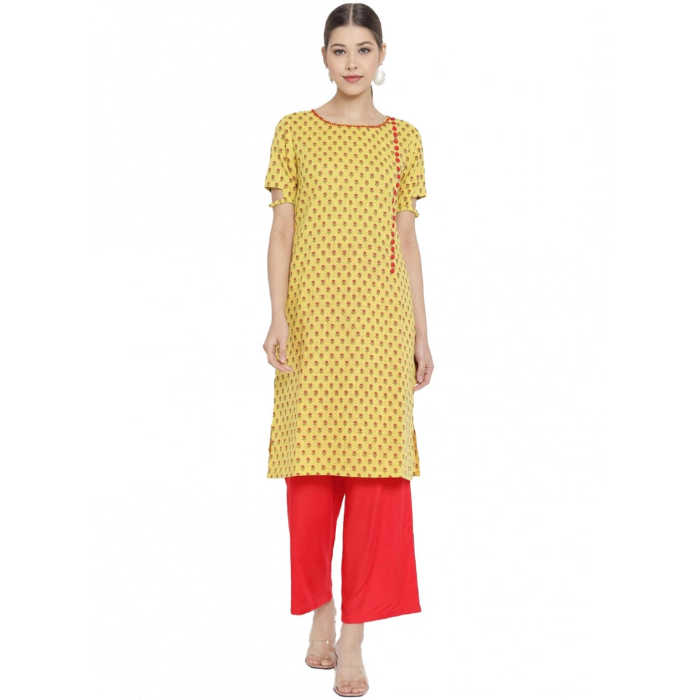 Women's Casual Short Sleeves Floral Printed Cotton &amp; Rayon Kurti Palazzo Set (Yellow &amp; Red) - GillKart