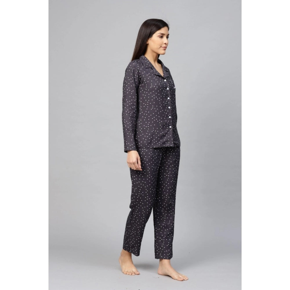 Women's Casual Full Sleeves Polka Dot Printed Rayon Shirt With Pyjama Pant Night Suit Set (Grey) - GillKart