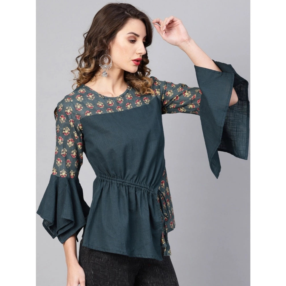 Women's Casual Bell Sleeves Floral Printed Cotton Slub Top (Grey) - GillKart