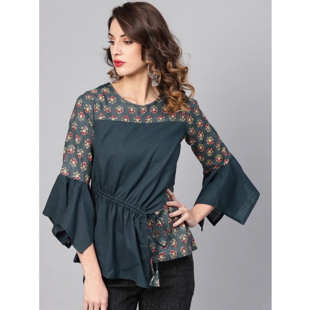 Women's Casual Bell Sleeves Floral Printed Cotton Slub Top (Grey) - GillKart