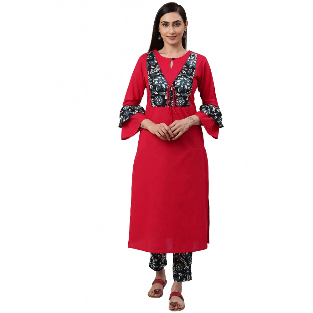 Women's Casual Bell Sleeves Floral Printed Cotton Kurti Set (Rani Pink) - GillKart