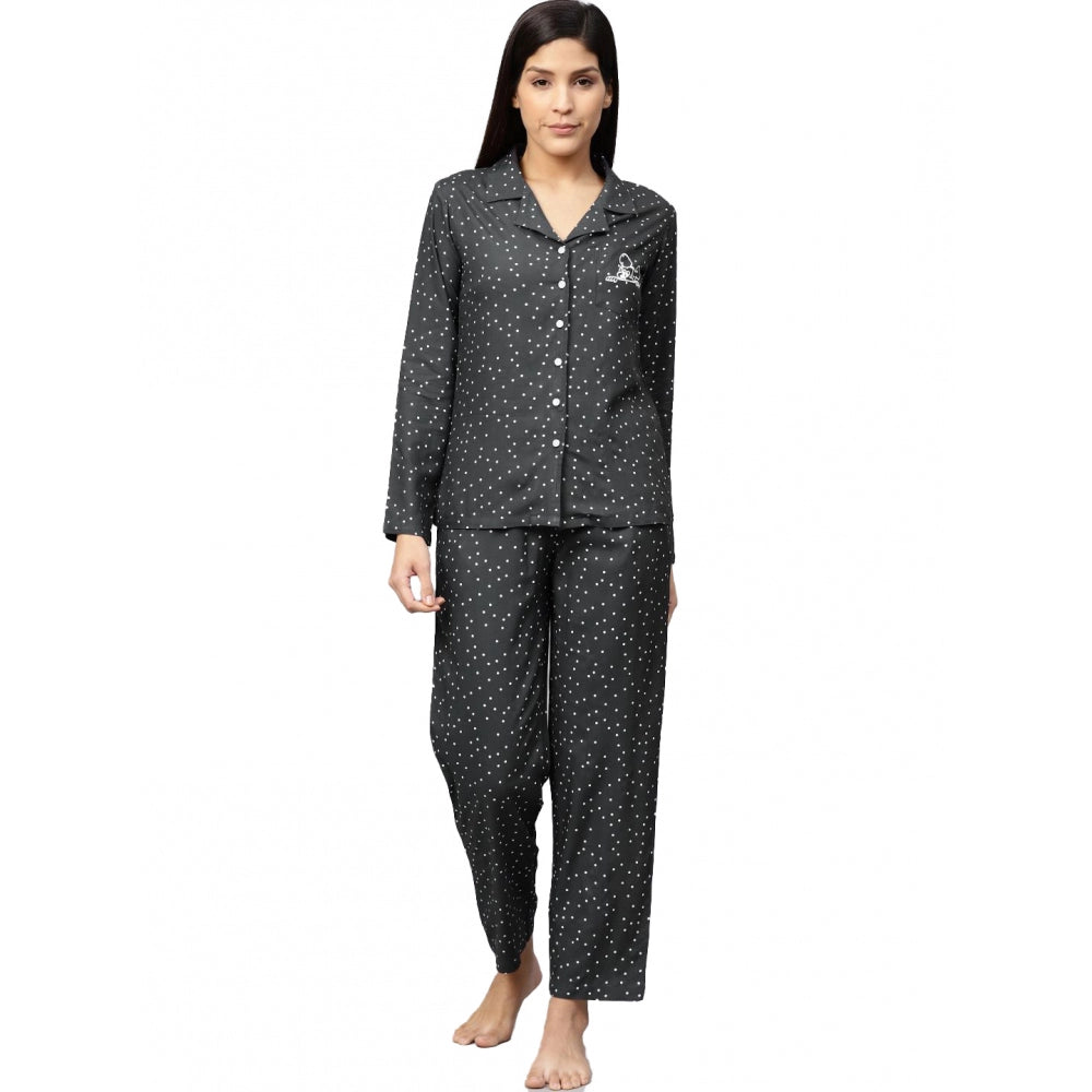 Women's Casual Full Sleeves Polka Dot Printed Rayon Shirt With Pyjama Pant Night Suit Set (Grey) - GillKart