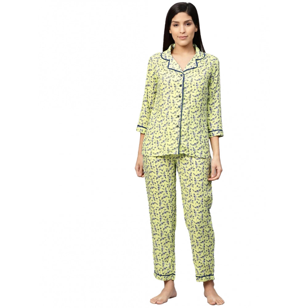 Women's Casual 3/4 Sleeve Floral Printed Rayon Shirt With Pyjama Pant Night Suit Set (Green) - GillKart