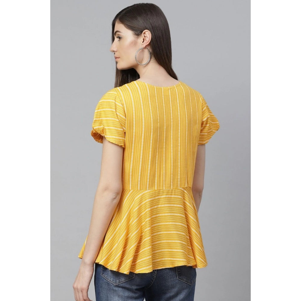 Women's Casual Short Sleeves Stripe Printed Rayon Top (Mustard) - GillKart