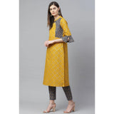 Women's Casual Bell Sleeves Geomatrical Printed Cotton Kurti Set (Yellow) - GillKart