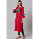 Women's Casual Bell Sleeves Floral Printed Cotton Kurti Set (Rani Pink) - GillKart